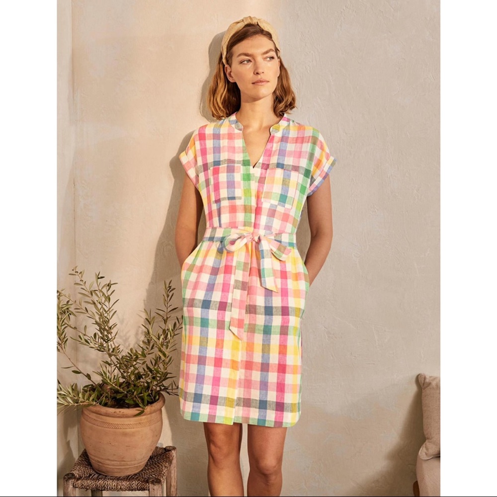 Boden Evie Linen Shirt Dress in Colorful Gingham  NO BELT